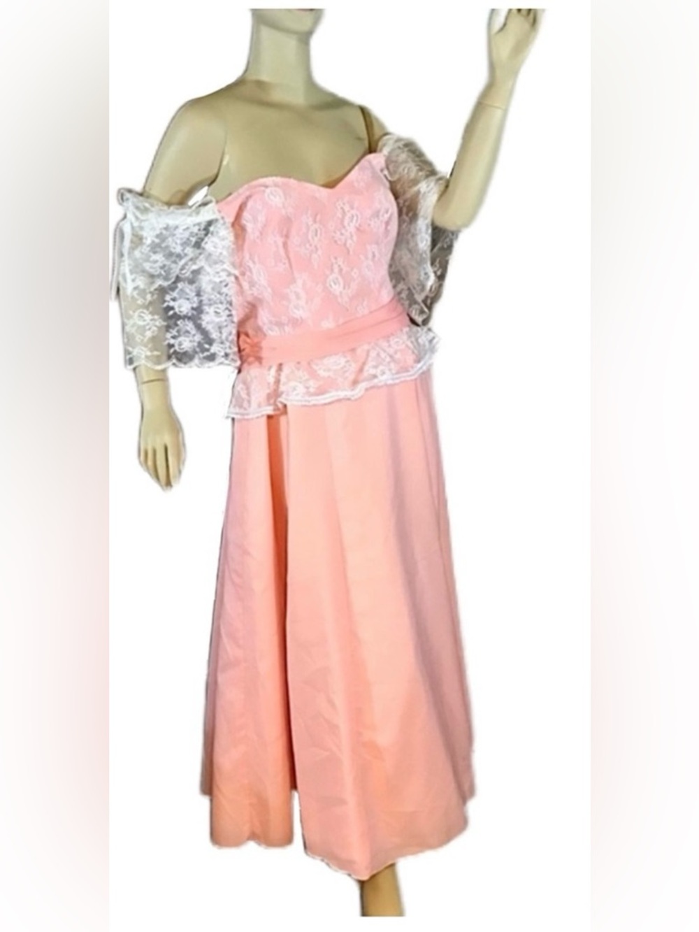 VINTAGE MID TO LATE 70'S PEACH OFF-THE-SHOULDER LACEY PARTY DRESS (M) - Picture 1 of 14